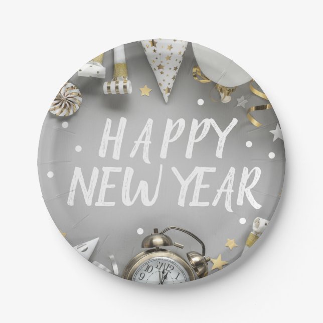 Gold New Year Party New Years Day Clipart Paper Plates (Front)