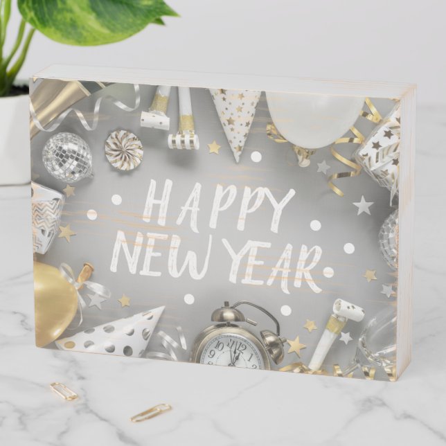 Gold New Year Party New Years Day Clipart Wooden Box Sign (In Situ Horizontal)