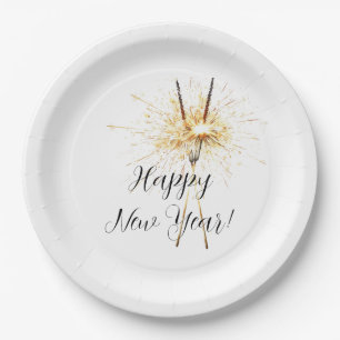 Gold New Year's Eve Day Celebration Sparklers Paper Plates