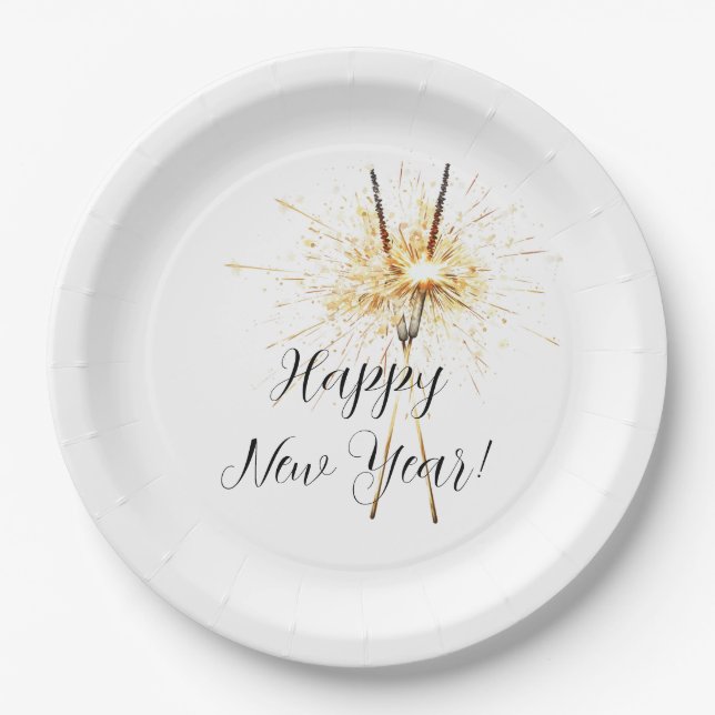 Gold New Year's Eve Day Celebration Sparklers Paper Plates (Front)