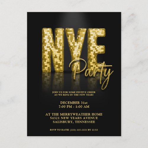Gold New Years Eve Disco Party Invitation Postcard
