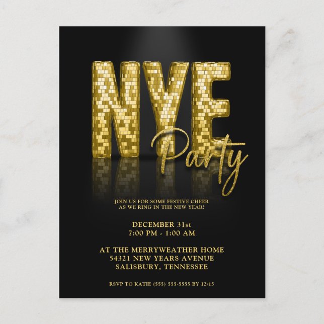 Gold New Years Eve Disco Party Invitation Postcard (Front)