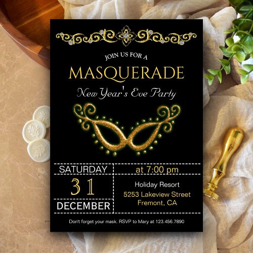 Gold New Years Eve Masquerade Party Invitation