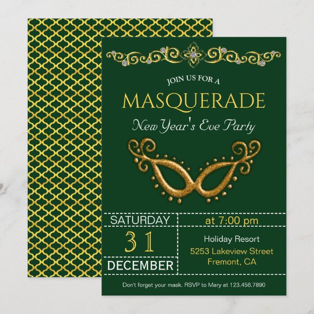 Gold New Year's Eve Masquerade Party Invitation (Front/Back)