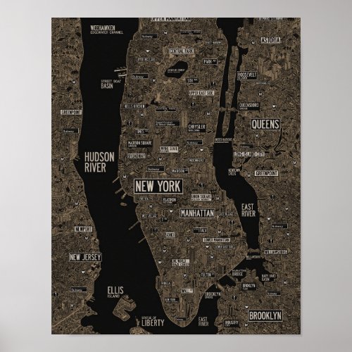 Gold new york city map detailed buildings poster