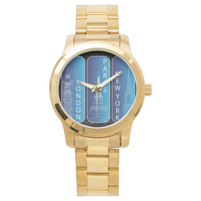 Gold "New York, Paris, London" Ladies Watch (Front)