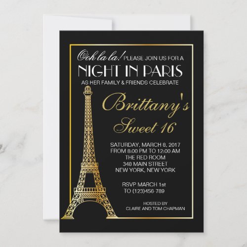 Gold Night in Paris Sweet 16 Custom Invitation