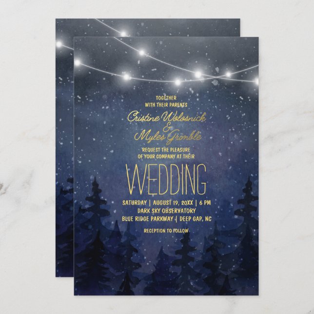 Gold Night Sky Forest Wedding | String Lights Invitation (Front/Back)