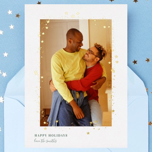 Gold Night Stars Frame Christmas Wedding Photo Foil Holiday Card