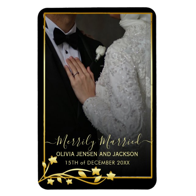 Gold Night Stars Frame Christmas Wedding Photo Magnet (Vertical)