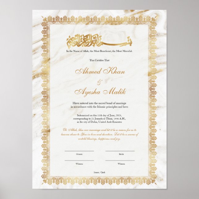 Gold Nikkah Certificate for Muslim Islamic Wedding Poster (Front)
