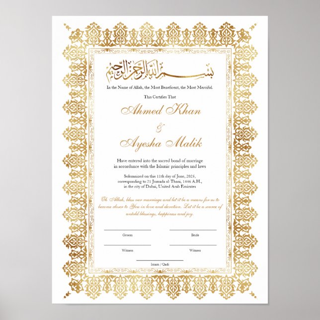 Gold Nikkah Certificate for Muslim Islamic Wedding Poster (Front)