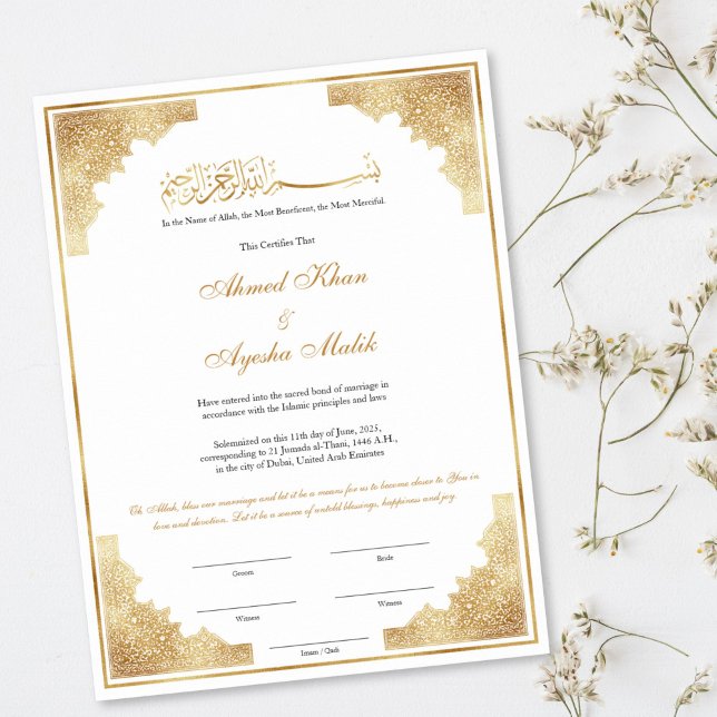 Gold Nikkah Certificate for Muslim Islamic Wedding Poster (gold ornate frame Nikkah certificate for islamic / muslim wedding)