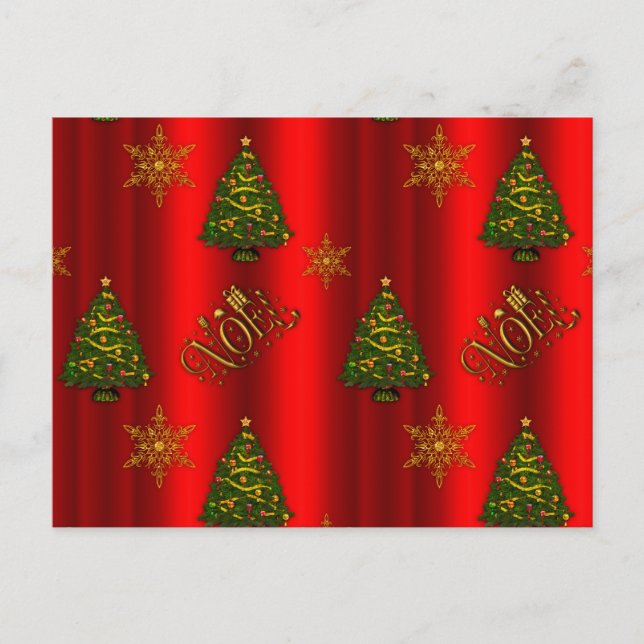 Gold Noel and Christmas Trees Red Holiday Postcard (Front)
