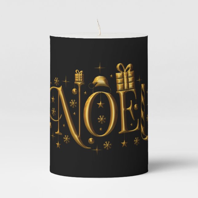 Gold Noel Black Christmas Pillar Candle (Front)
