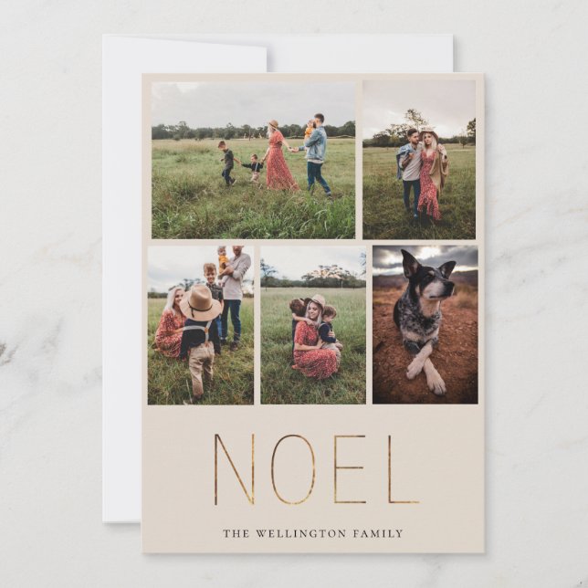 Gold NOEL Modern Photo Collage Holiday Card | Sand (Front)
