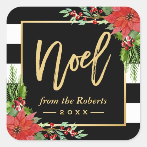 Gold Noel Script Christmas Poinsettia Floral Decor Square Sticker