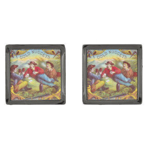 Gold Nuggets: Antique Cigar Label Wild West Art Cufflinks
