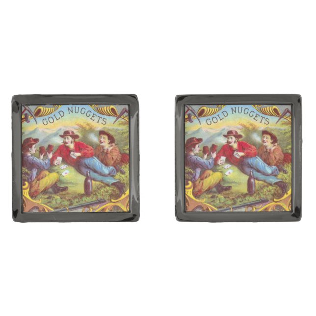 Gold Nuggets: Antique Cigar Label Wild West Art Cufflinks (Front)