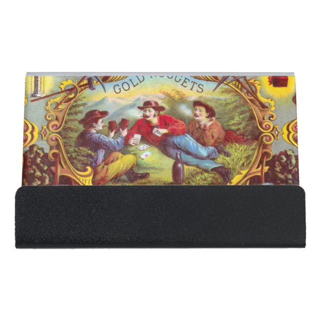 Gold Nuggets: Antique Cigar Label Wild West Art Desk Business Card Holder (Front)