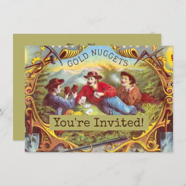 Gold Nuggets: Antique Cigar Label Wild West Art Invitation (Front/Back)