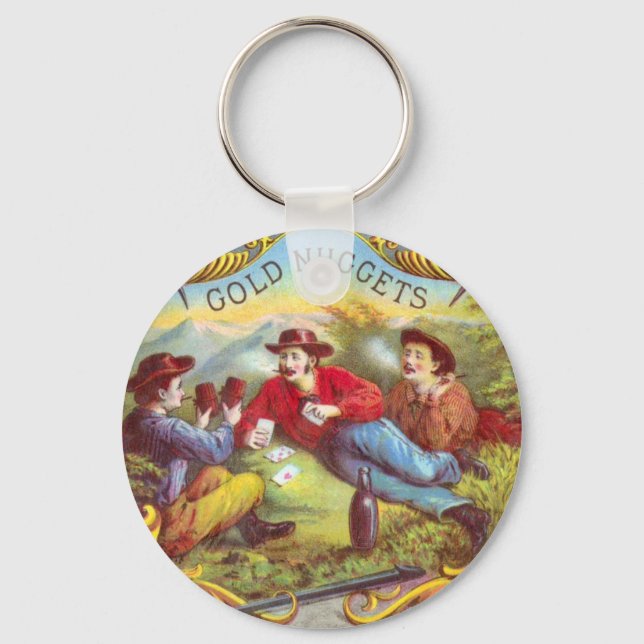 Gold Nuggets: Antique Cigar Label Wild West Art Keychain (Front)