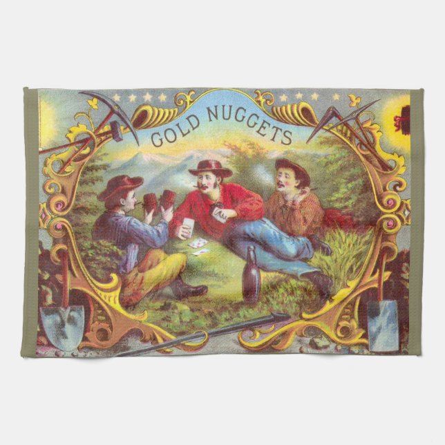 Gold Nuggets: Antique Cigar Label Wild West Art Kitchen Towel (Horizontal)