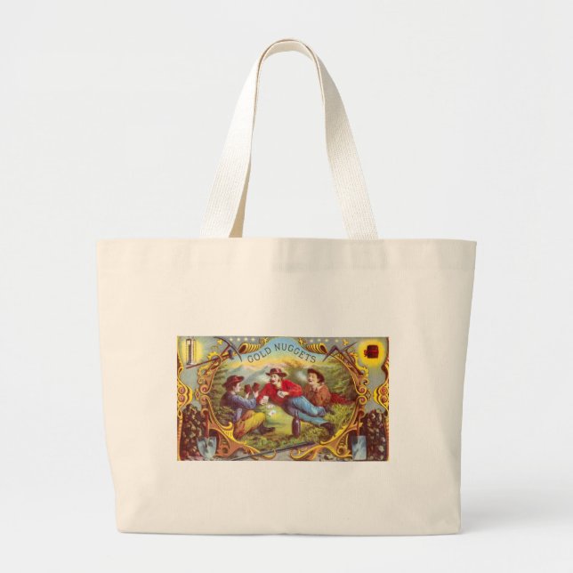 Gold Nuggets: Antique Cigar Label Wild West Art Large Tote Bag (Front)