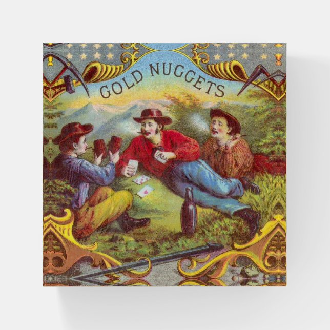 Gold Nuggets: Antique Cigar Label Wild West Art Paperweight (Front)