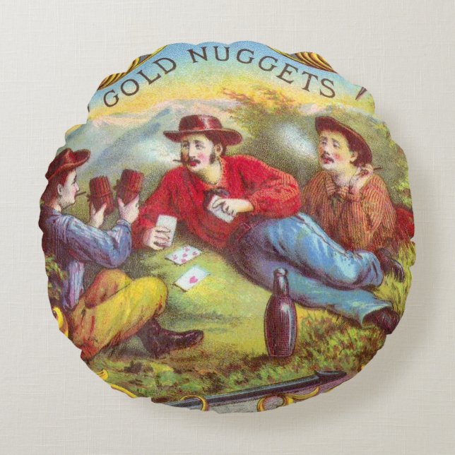 Gold Nuggets: Antique Cigar Label Wild West Art Round Pillow (Front)