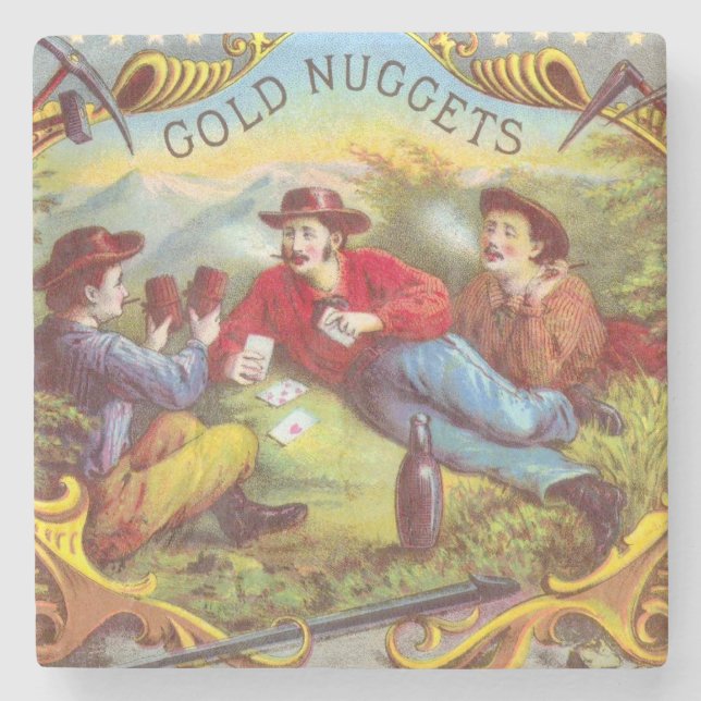 Gold Nuggets: Antique Cigar Label Wild West Art Stone Coaster (Front)