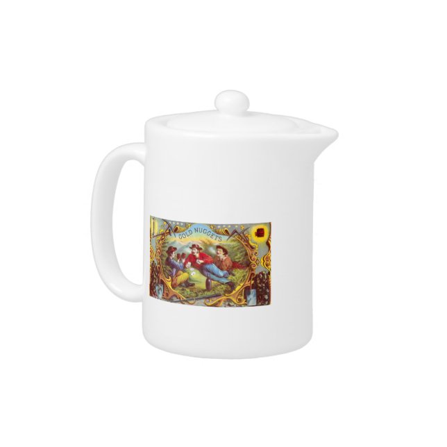 Gold Nuggets: Antique Cigar Label Wild West Art Teapot (Left)
