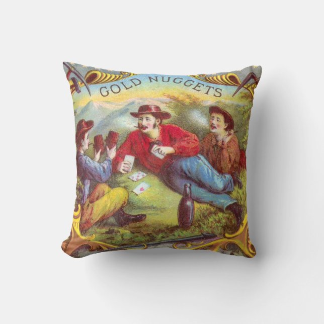 Gold Nuggets: Antique Cigar Label Wild West Art Throw Pillow (Front)