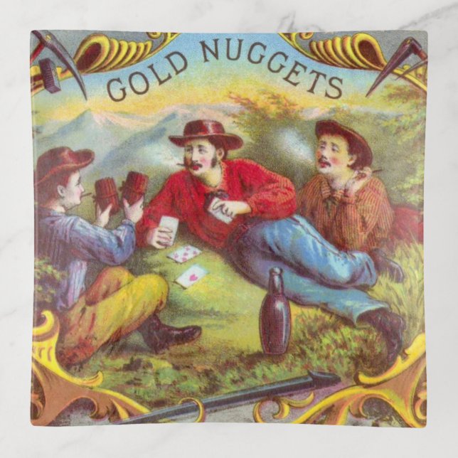 Gold Nuggets: Antique Cigar Label Wild West Art Trinket Tray (Front)