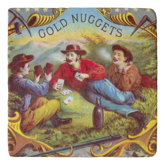 Gold Nuggets: Antique Cigar Label Wild West Art Trivet (Front)