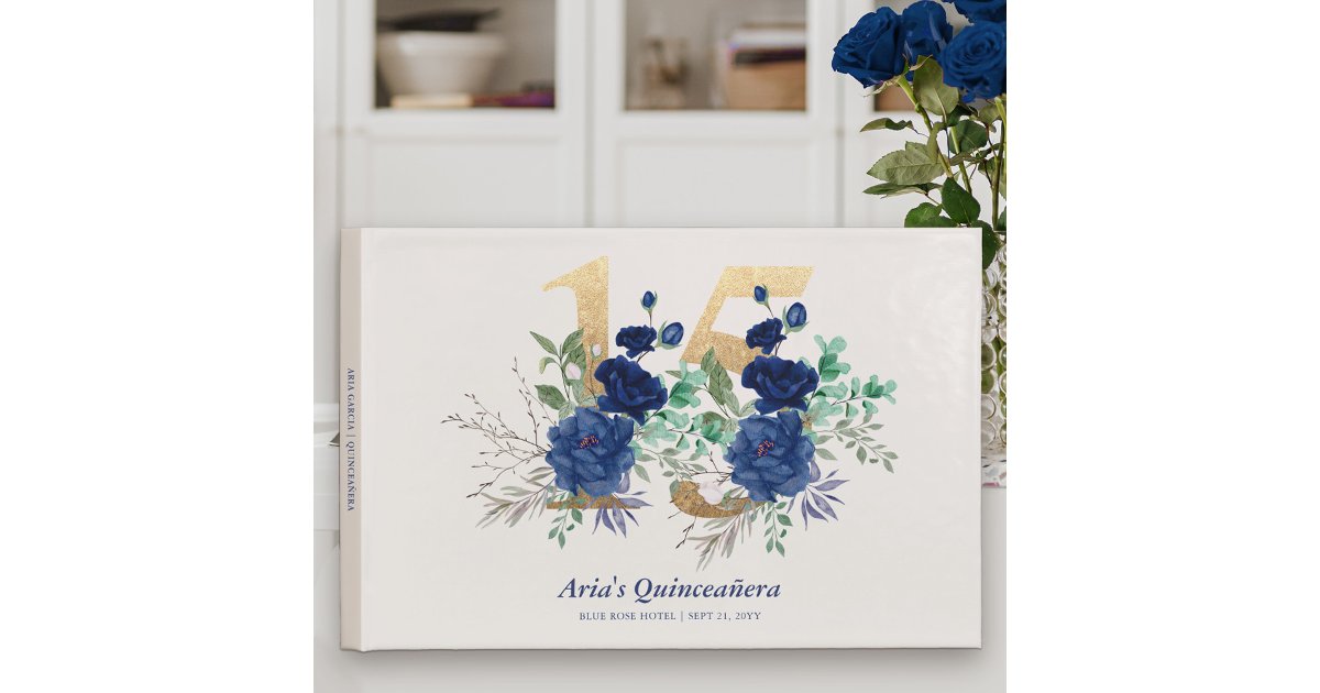 Gold Number 15 and Royal Roses in Blue Quinceanera Guest Book | Zazzle
