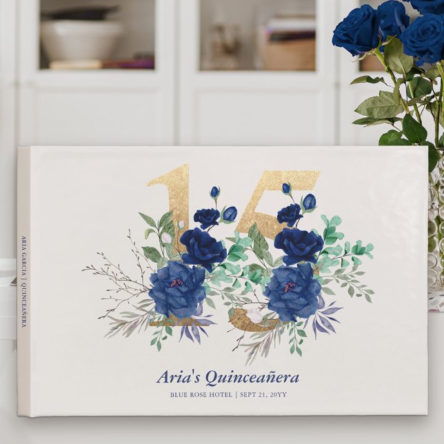 Gold Number 15 and Royal Roses in Blue Quinceanera Guest Book (Elegant Floral Number 15 Birthday Guest Book from my Royal Rose Quinceanera Collection)