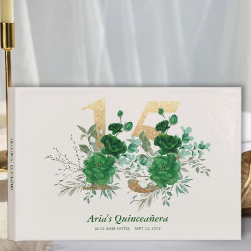 Gold Number 15 Emerald Green Floral Quinceanera Guest Book