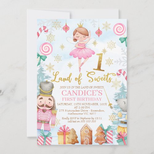 Gold Number Nutcracker Land of Sweets 1st Birthday Invitation