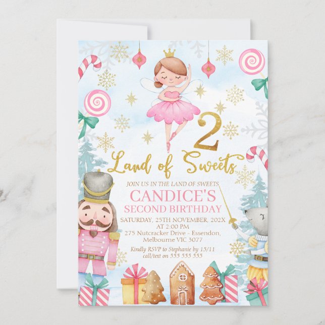 Gold Number Nutcracker Land of Sweets 2nd Birthday Invitation (Front)