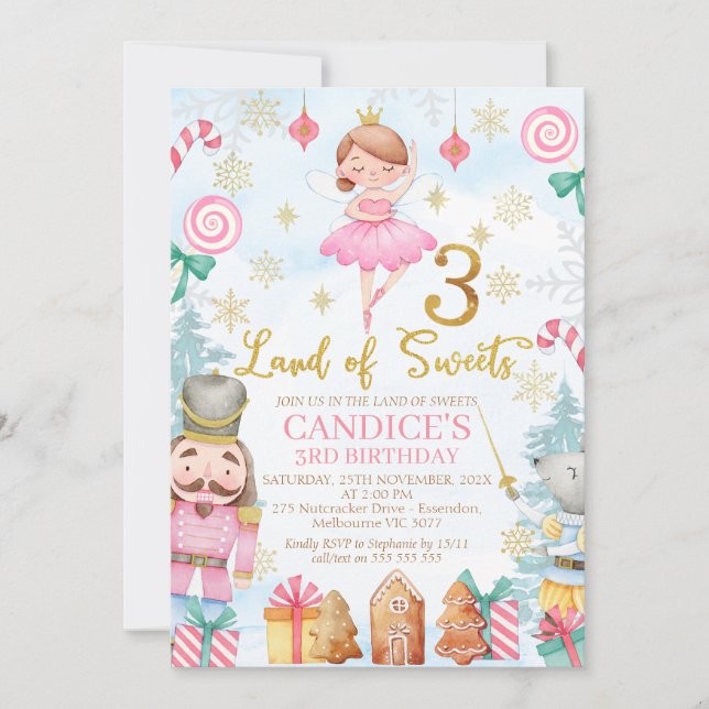 Gold Number Nutcracker Land of Sweets 3rd Birthday Invitation (Front)