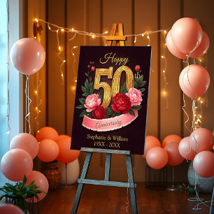 Gold Number Pink Peonies 50th Wedding Anniversary Foam Board