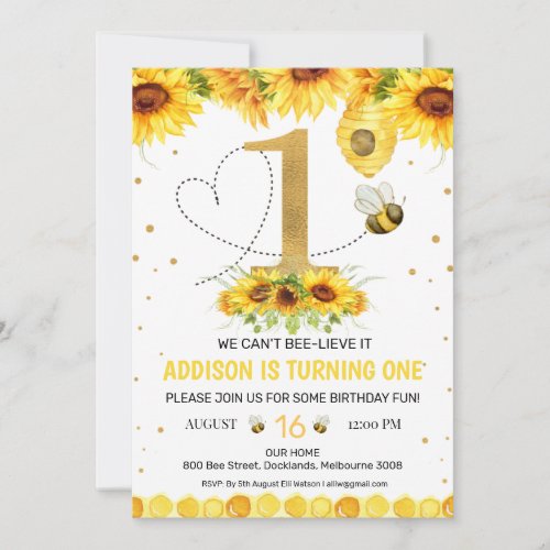 Gold Number Sunflowers Bees Bee_Day First Birthday Invitation