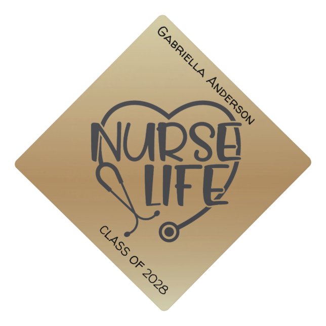 Gold Nurse Life Stethoscope   Graduation Cap Topper (Front)