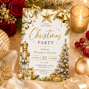 Gold Nutcracker Baubles Tree and Gifts Christmas Invitation