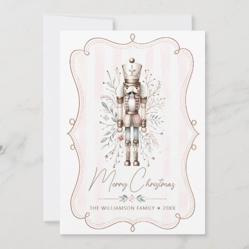 Gold Nutcracker Christmas Card Blush Stripe Frame