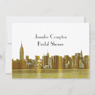 Gold NYC Skyline 01 Etched Wht Bridal Shower Invitation