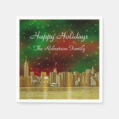 Gold NYC Skyline 1 Christmas Red Green Starry Paper Napkins