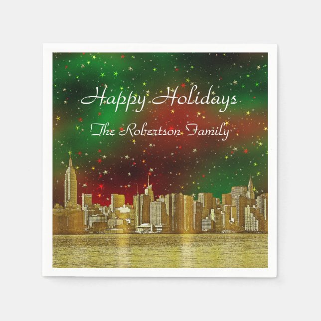 Gold NYC Skyline #1 Christmas Red Green Starry Paper Napkins (Front)