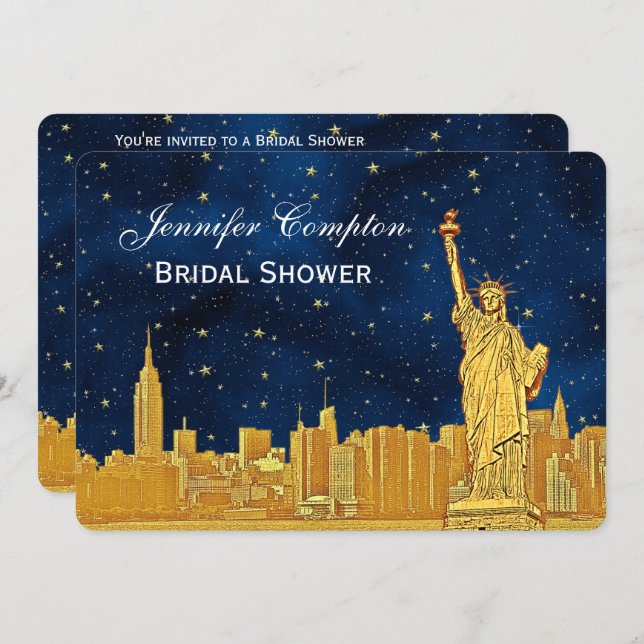 Gold NYC Skyline #2 Blue Starry BG H Bridal Shower Invitation (Front/Back)